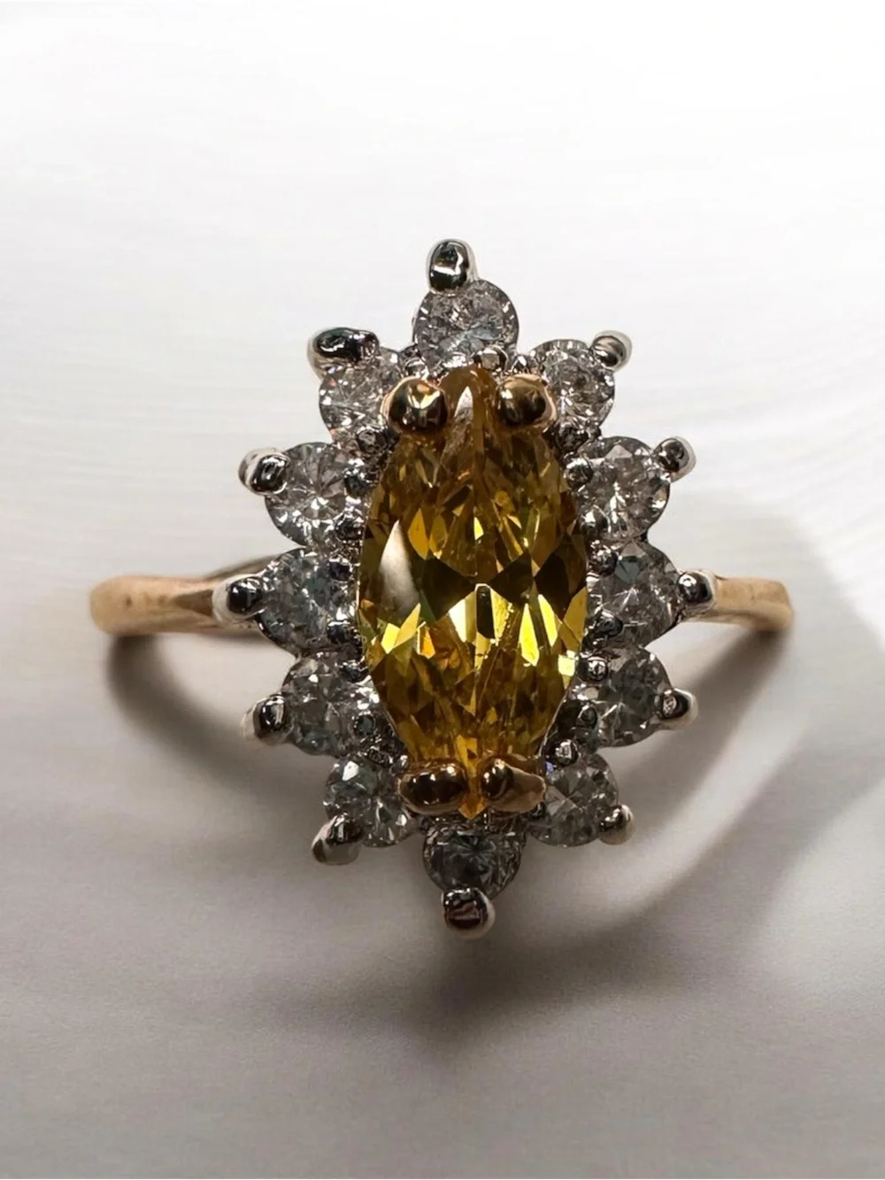 Yellow Marquise Halo Ring with White Cubic Zirconias
